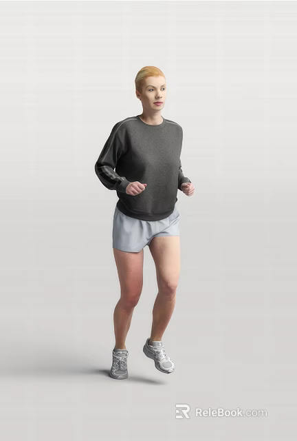 Woman Running In Dark Sweatshirt And Light Gray Shorts With Active Pose 3d model 