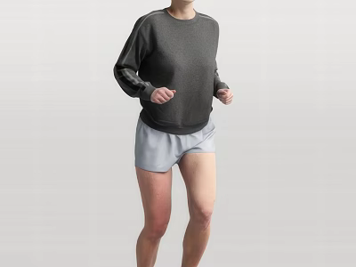 Woman Running In Dark Sweatshirt And Light Gray Shorts With Active Pose 3d model