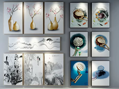 Decorative Chinese Ink Botanical Paintings With Lotus Bamboo And Landscape Designs 3d model