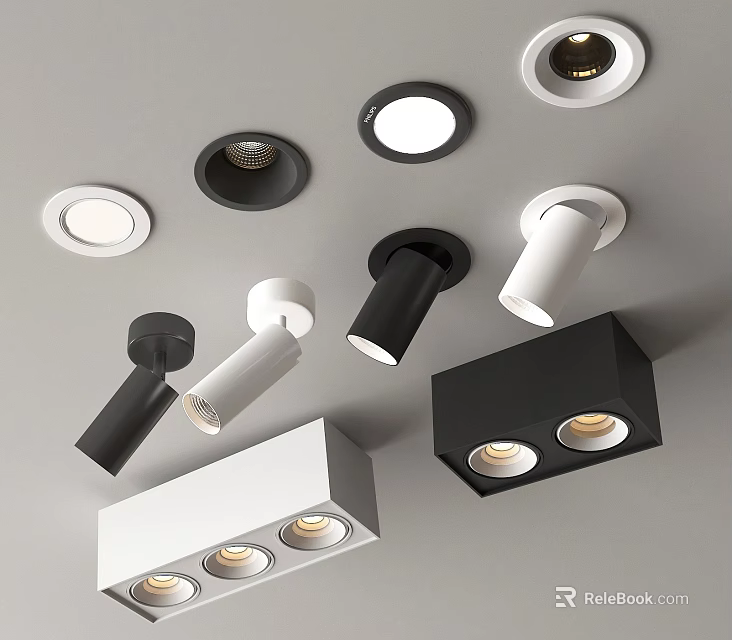 Modern Recessed Lights And Spotlights In Black White Ceiling Mounted Home Lighting Fixtures 3d model 