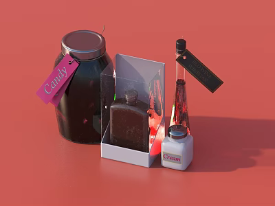 Candy Themed Perfume Cosmetics With Decorative Bottles Tags And Packaging Boxes 3d model