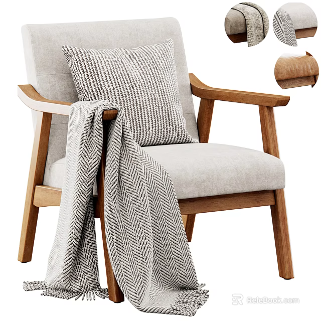 Cozy Single Sofa With Light Gray Fabric Wooden Armrests Striped Pillow And Herringbone Throw Blanket 3d model 