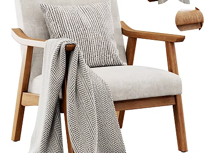 Cozy Single Sofa With Light Gray Fabric Wooden Armrests Striped Pillow And Herringbone Throw Blanket 3d model