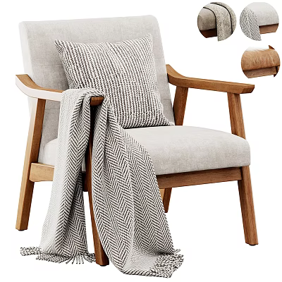 Cozy Single Sofa With Light Gray Fabric Wooden Armrests Striped Pillow And Herringbone Throw Blanket 3d model