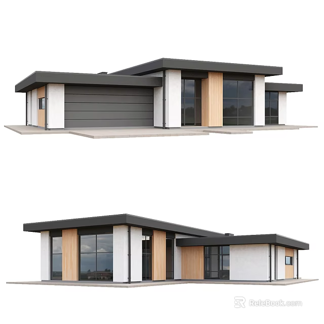 Modern Single Family House Exterior With Flat Roof Large Glass Windows And Wooden Accents 3d model 