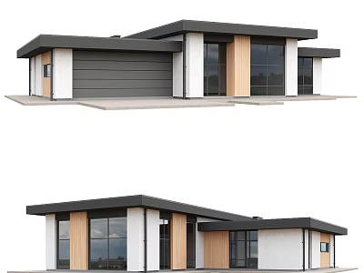 Modern Single Family House Exterior With Flat Roof Large Glass Windows And Wooden Accents 3d model