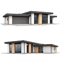 Modern Single Family House Exterior With Flat Roof Large Glass Windows And Wooden Accents