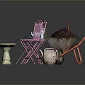 Outdoor Garden Furniture Set Pink Metal Chairs Table With Wheelbarrow Lavender Teacups And Birdbath