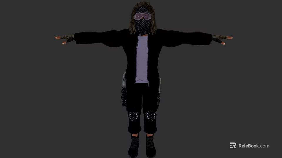 Game Movie Character Wearing Black Coat Purple Inner Shirt Mask Goggles And Arms Outstretched 3d model 