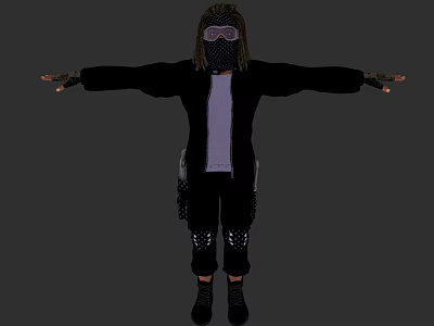Game Movie Character Wearing Black Coat Purple Inner Shirt Mask Goggles And Arms Outstretched 3d model