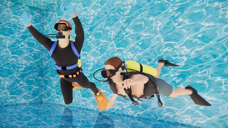 Two People Scuba Diving In Pool Wearing Fins And Oxygen Tanks 3d model 