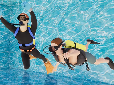 Two People Scuba Diving In Pool Wearing Fins And Oxygen Tanks 3d model