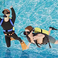 Two People Scuba Diving In Pool Wearing Fins And Oxygen Tanks