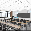 School Modern Spacious Classroom Interior With Desks Chairs Blackboard And Windows 3d model