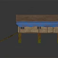 Wooden House Exterior with Brown Roof Blue Awning on Stilts and Wooden Stairs