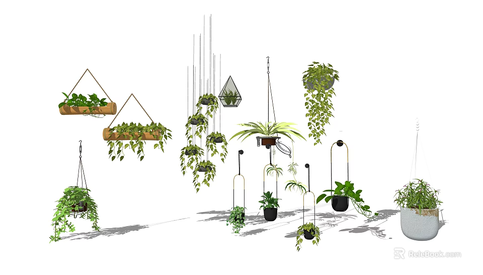 Various Styles of Hanging Planters with Lush Green Plants for Indoor Decoration 3d model 