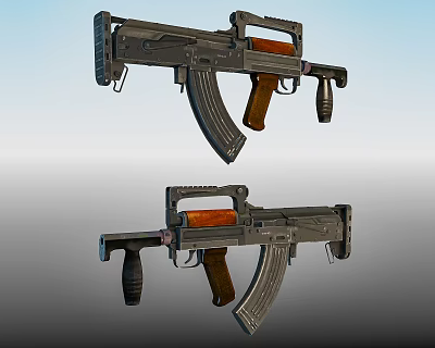 Two Tactical Assault Rifles With Wooden Grips Metallic Body And Curved Magazines 3d model Two Tactical Assault Rifles With Wooden Grips Metallic Body And Curved Magazines 3d model