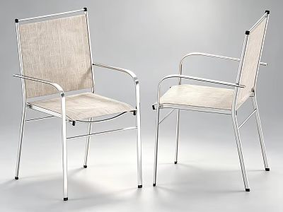 Two Modern Armchairs with Silver Metal Frame and Beige Fabric Seat 3d model