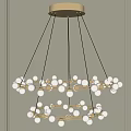 Elegant Modern Chandelier With White Spherical Shades Gold Metal Rings And Suspended Black Cords