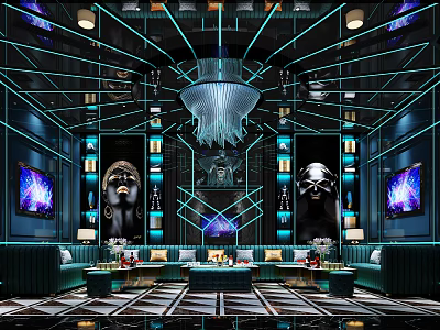 Modern Luxury KTV Interior Design With Neon Lighting Comfortable Sofas Art Murals And Screens 3d model