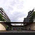 Modern Entrance Gate With Canopy And Landscaped Trees Near High Rise Building