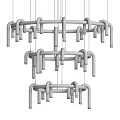 Modern Circular Multi Colored Chandelier with Curved Tubes and Hanging Bulbs