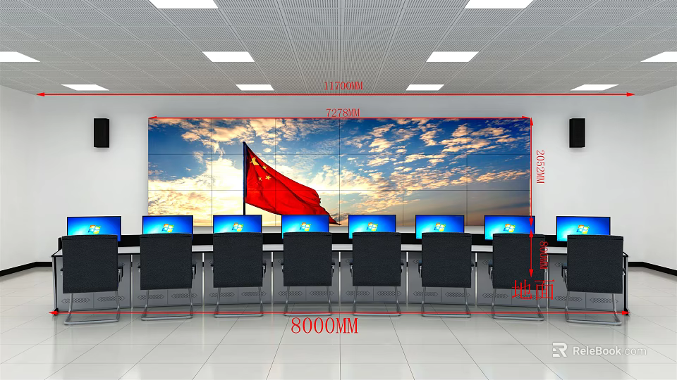 Monitoring Room With Large Screen Wall Multiple Computer Monitors And Rows Of Chairs 3d model 