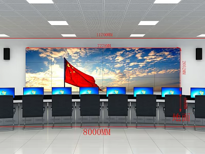 Monitoring Room With Large Screen Wall Multiple Computer Monitors And Rows Of Chairs 3d model