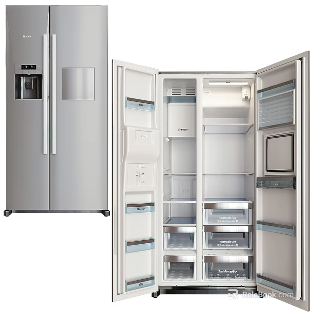 Open Side by Side Refrigerator Freezer with Spacious Stainless Steel Interior Compartments 3d model 