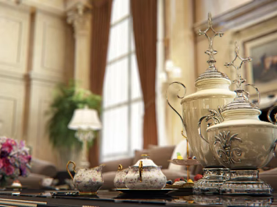 Luxurious Hotel Public Lounge Area With Elegant Sofa Tea Set Window Curtains And Floral Decor 3d model