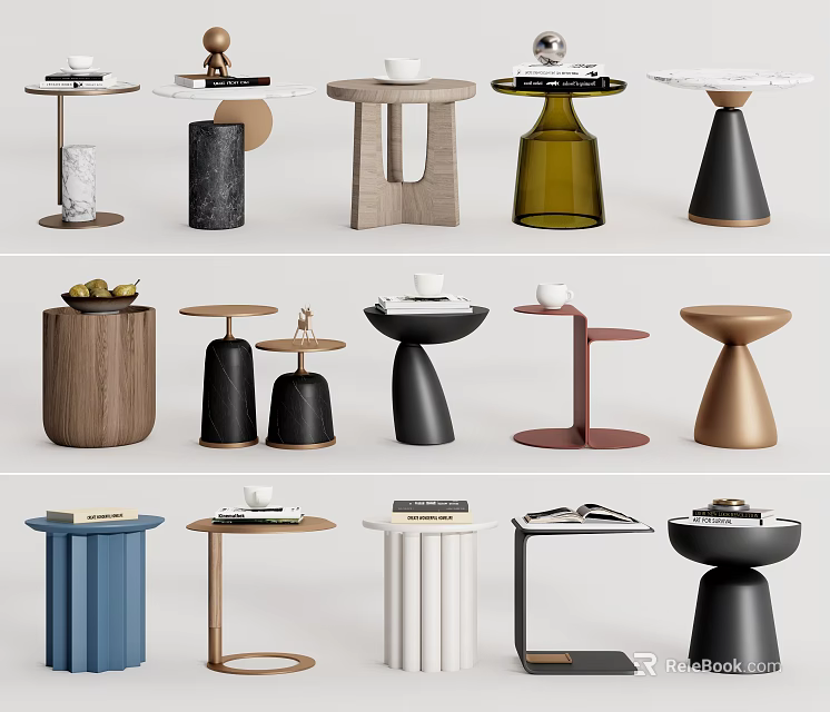 Various Style Modern Side Tables with Wooden Metal Marble Geometric Designs 3d model 