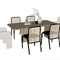 Light Wood Rectangular Dining Table Set with Six Woven Back Chairs and Vase Plant Decor 3d model