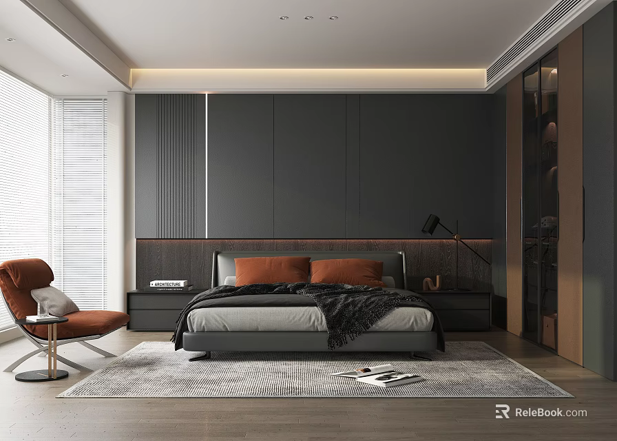 Modern Bedroom Interior Design With Dark Accent Wall Orange Accent Chair Gray Rug And Wooden Flooring 3d model 
