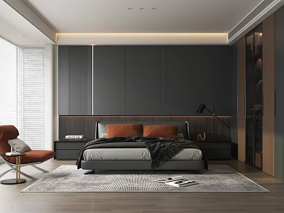 Modern Bedroom Interior Design With Dark Accent Wall Orange Accent Chair Gray Rug And Wooden Flooring 3d model