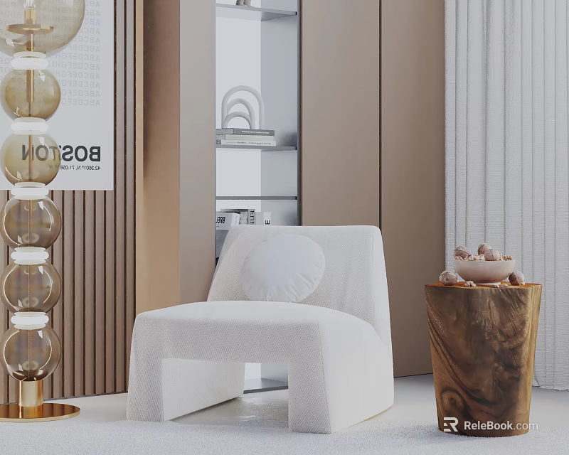 White Modern Accent Chair With Wooden Stool And Gold Globe Floor Lamp In Neutral Interior 3d model 