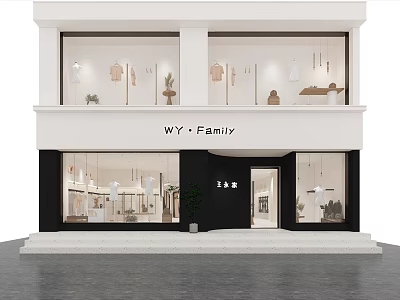 Stylish Modern Clothing Storefront with WY Family Sign Window Displays Clothing Racks and Decorative Plants 3d model