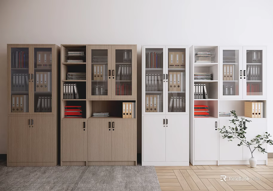 Modern Storage Cabinets In Wooden And White With Glass Doors And Files 3d model 