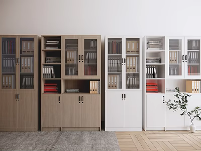 Modern Storage Cabinets In Wooden And White With Glass Doors And Files 3d model