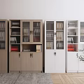 Modern Storage Cabinets In Wooden And White With Glass Doors And Files