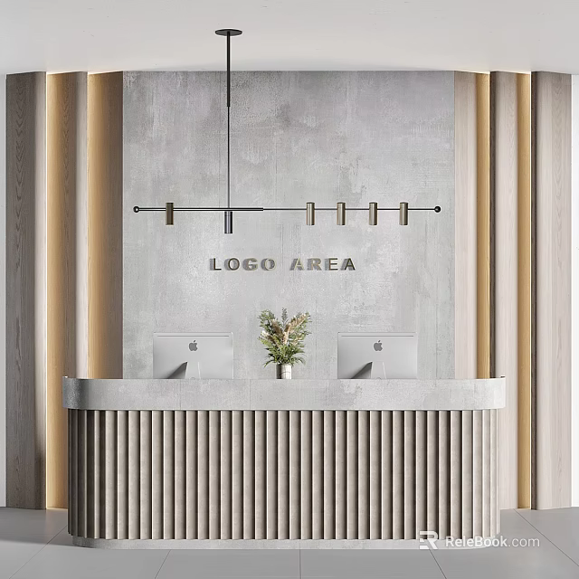 Entryway Cabinet Sideboard With Logo Area Washbasins Potted Plant Gray Wall Wooden Accents Striped Design 3d model 