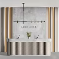 Entryway Cabinet Sideboard With Logo Area Washbasins Potted Plant Gray Wall Wooden Accents Striped Design