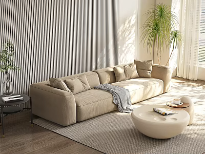 Sunlit Beige Double Sofa With Striped Wall Potted Plant And Round Coffee Table 3d model