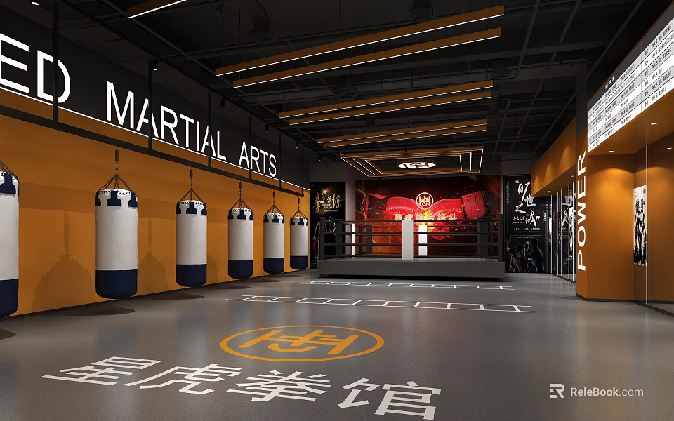 Martial Arts Training Gym Spacious Interior With Hanging Punching Bags And Boxing Ring 3d model 