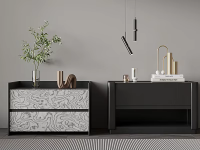 Modern Nightstands Interior Design With Textured Drawers Black Cabinets Green Plant Books And Hanging Lights 3d model