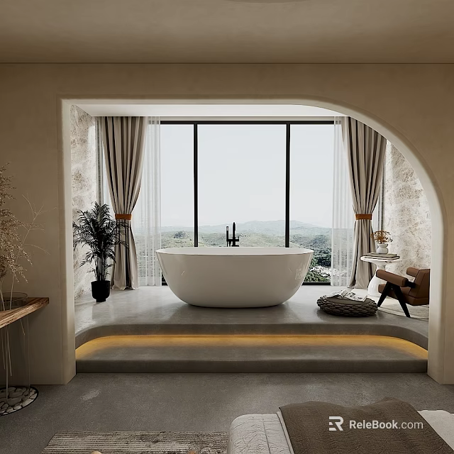 Sleek Modern Bathroom With Freestanding Bathtub Large Windows Mountain View And LED Strip Lighting 3d model 