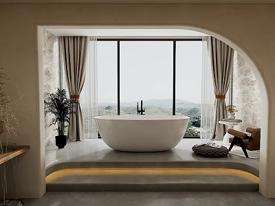 Sleek Modern Bathroom With Freestanding Bathtub Large Windows Mountain View And LED Strip Lighting 3d model