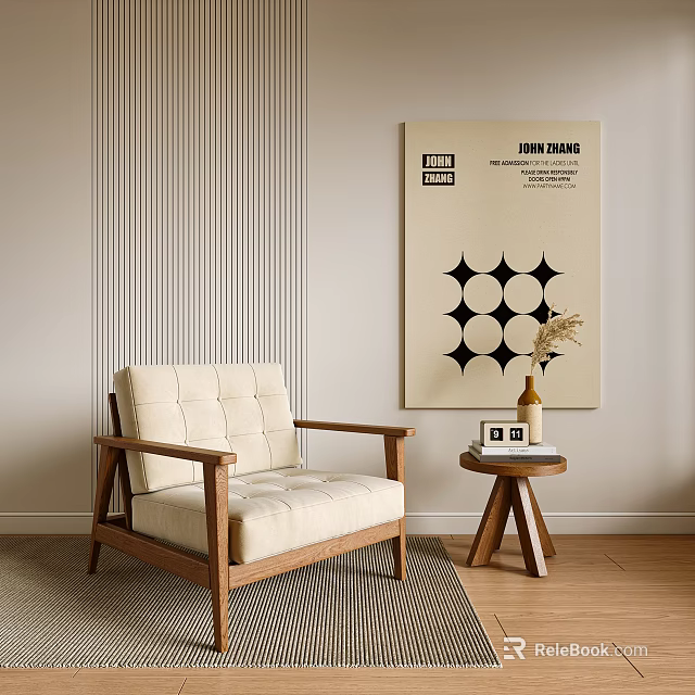 Beige Armchair With Wooden Frame And Tufted Backrest In Living Room With Vertical Striped Wall And Decorative Painting 3d model 