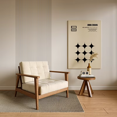 Beige Armchair With Wooden Frame And Tufted Backrest In Living Room With Vertical Striped Wall And Decorative Painting 3d model