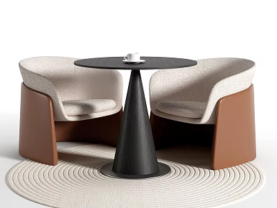 Modern Black Round Table And Beige Seat Brown Armrest Chairs With Woven Rug 3d model