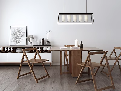 Modern Wooden Dining Table Set With Chairs Pendant Lamp And Framed Tree Decorations 3d model